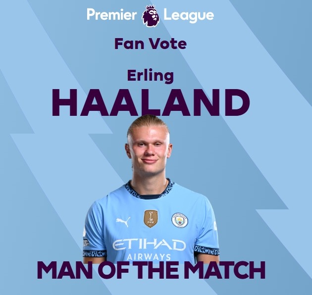打進致勝球！英超官方：哈蘭德當選曼城1-0熱刺全場最佳球員
